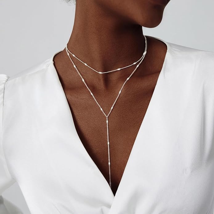 HAXIYA Lariat Gold Necklace for Women Dainty Long Necklace 14k Gold Plated/Silver Y-Shaped Pendant Drop Chain Trendy Layered Pearl/Beaded/CZ Necklaces Simple Gold Jewelry For Women Gift
