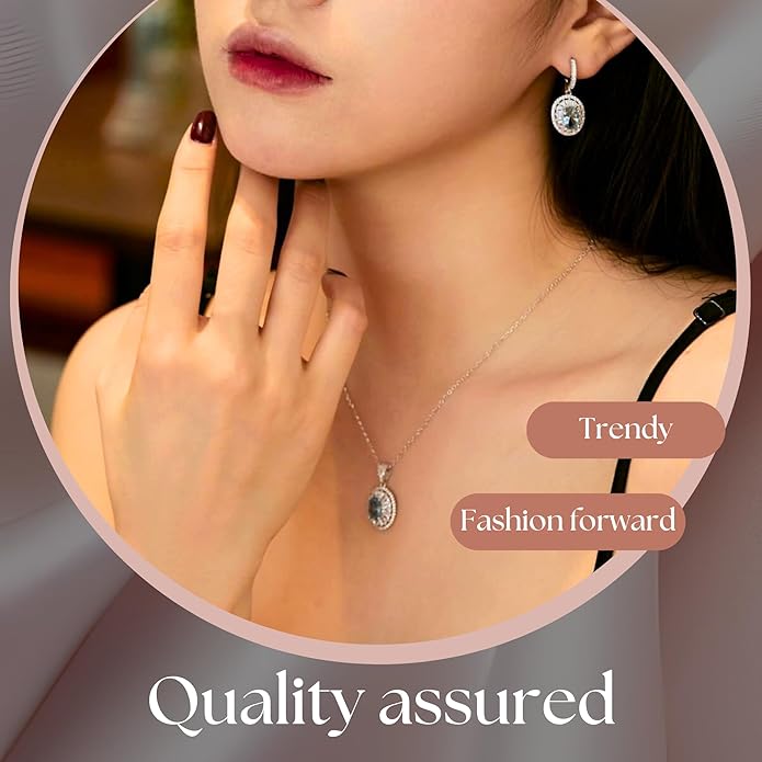 925 Sterling Silver Jewelry Set - Oval Blue Topaz-Tone and CZ Diamond Halo Necklace with Matching Earrings, Dainty Pendant Set with Exquisite Leather Box