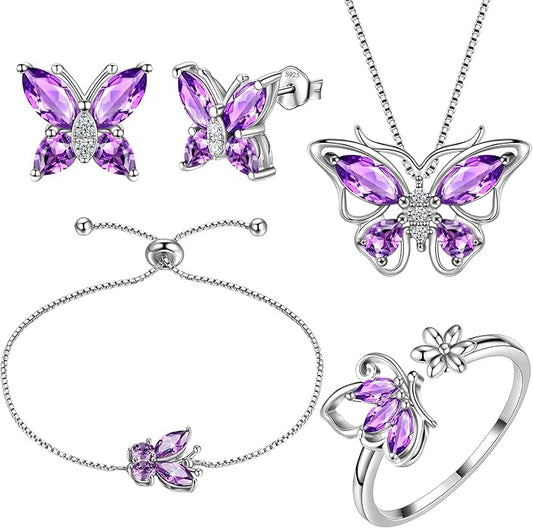 Aurora Tears Butterfly Jewelry,Women 925 Sterling Silver Butterflies Birthstone Pendant Necklace/Earrings/Rings Wedding Gift