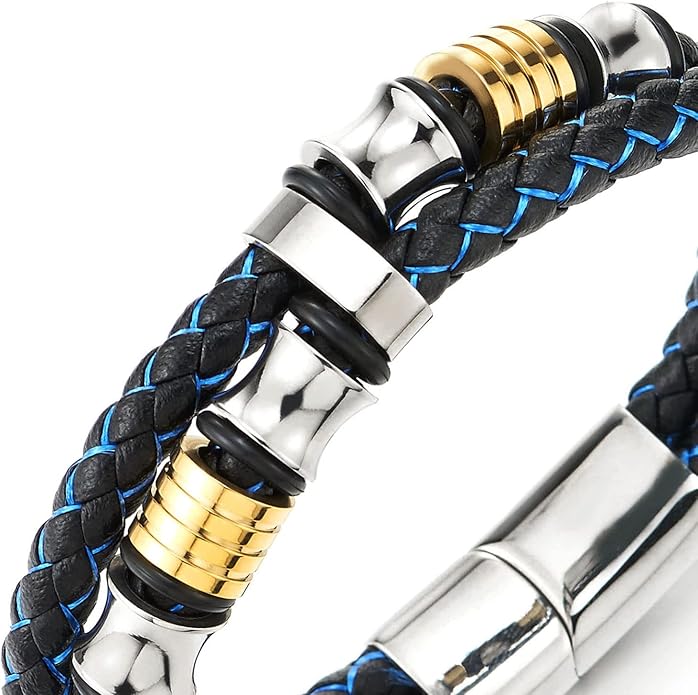 COOLSTEELANDBEYOND Mens Double-Row Braided Leather Bracelet Bangle Wristband with Stainless Steel Ornaments
