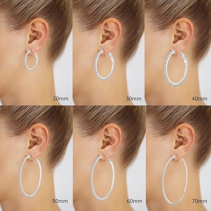 925 Sterling Silver Earrings Large Rhinestone Hoop Earrings Big Cubic Zirconia Hoop Earrings Thin Rhinestones Round Hoop Earrings for Women 20/30/40/50/60/70mm Sparkly Hoops With Crystals for Womens