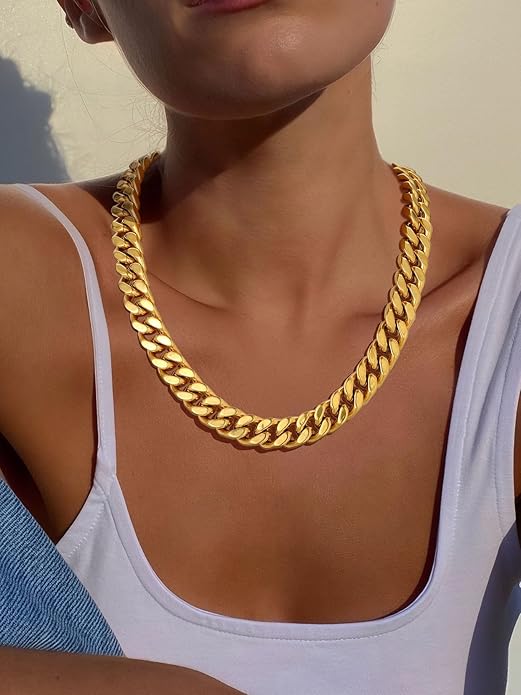 ChainsPro Chunky Cuban Link Chain Necklace for Women,Stainless Steel Silver/Gold Plated Thick Choker, 5/12/14mm Width,18" and 20" Punk Hip Hop Trendy Jewelry Gifts