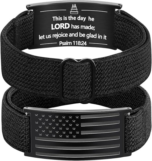 LDOWWGL Valentines Day Gifts - Patriotic American Flag Bracelet for Men - Military Adjustable Black Elastic Strap with Bible Verse - Veteran Gifts, Birthday Gift for Boys