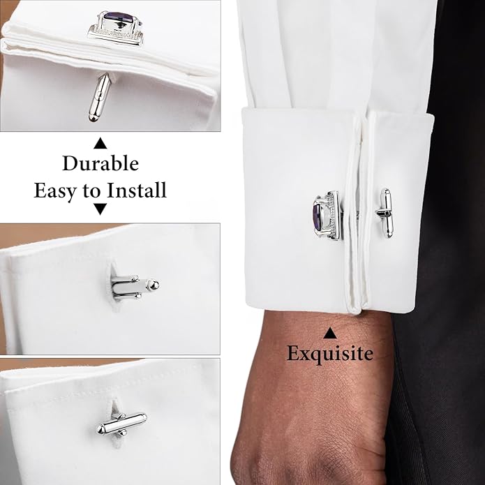 HAWSON Large Silver Birthstone Cuff Links Mens, Colorful Gem Cufflinks for Shirt Suit Accessories, Birthday Anniversary Wedding Gifts for Groommens Husband Father