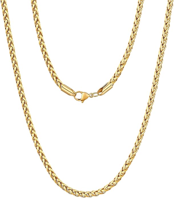 Fiusem Wheat Chains for Men and Women, 2/2.5/3/4/5mm Silver Tone/14K Gold Plated/Black Necklace Chain, Stainless Steel Mens Necklace 16-28 Inch