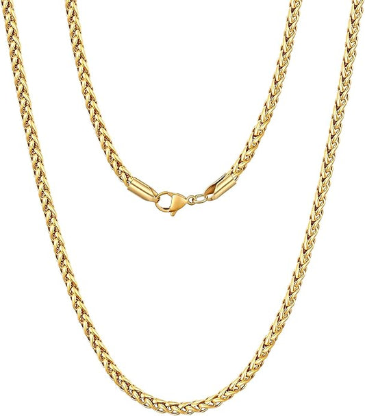 Fiusem Wheat Chains for Men and Women, 2/2.5/3/4/5mm Silver Tone/14K Gold Plated/Black Necklace Chain, Stainless Steel Mens Necklace 16-28 Inch