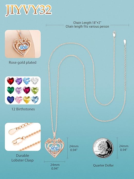 JIYVY32 Rose Heart Necklace for Women Exquisite 925 Sterling Silver Anniversary Birthday Gifts for Wife Mom Her Double Birthstone Pendant Jewelry
