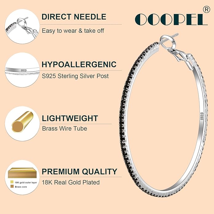 925 Sterling Silver Earrings Large Rhinestone Hoop Earrings Big Cubic Zirconia Hoop Earrings Thin Rhinestones Round Hoop Earrings for Women 20/30/40/50/60/70mm Sparkly Hoops With Crystals for Womens