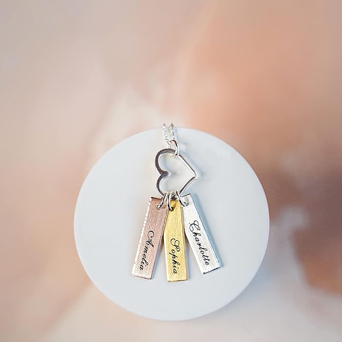 Mixed Tone Triple Bar Personalized Necklace with Heart Charm. 14k Gold Plated, Rose Gold Plated, Sterling Silver Charm. Choice of Silver Chain. Gifts for Her, Mom, Wife