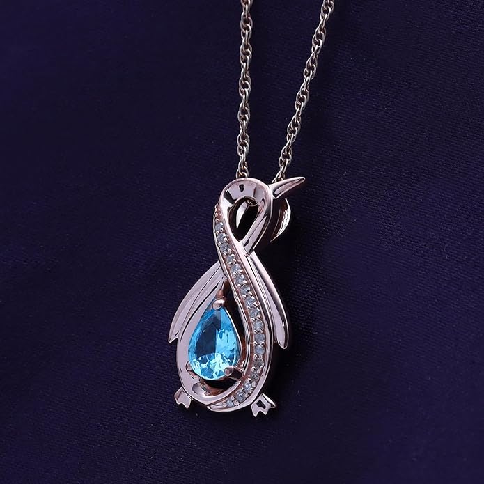 Infinity Penguin Pendant Necklace for Women, 14K Gold Over Sterling Silver with Pear & Round Cut Simulated Birthstone & White Diamond Accents, Dainty Animal Jewelry Gift with 18" Chain