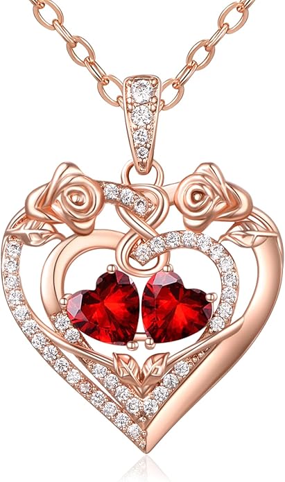 JIYVY32 Rose Heart Necklace for Women Exquisite 925 Sterling Silver Anniversary Birthday Gifts for Wife Mom Her Double Birthstone Pendant Jewelry