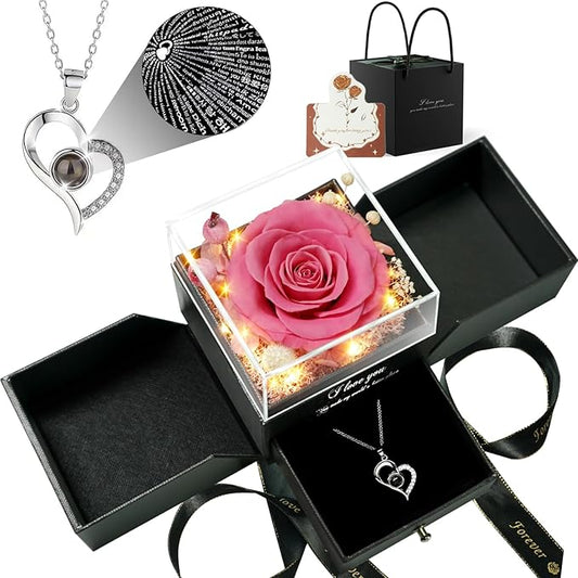 Birthday Gifts for Women, Preserved Real Roses with Heart Necklace I Love You in 100 Languages, Romantic Anniversary Wedding Gifts for Women Her Girlfriend Wife, Forever Roses Necklace Gift Box Pink
