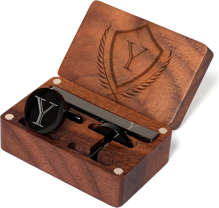 Mens Initial Cufflinks and Tie Clip A-Z Alphabet Letter Black Stainless Cuff Links Tie Bar with Engraved Walnut Wood Box Groom Groomsman Wedding Set