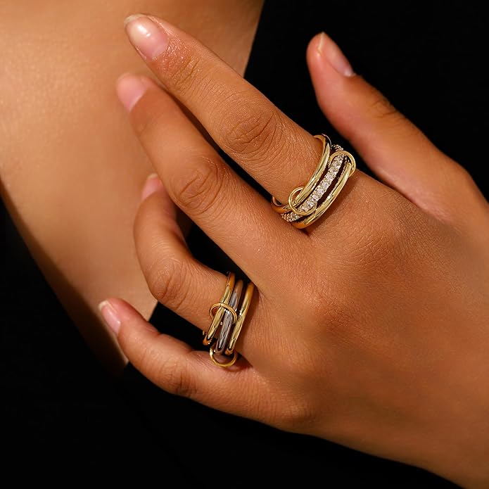 Canboer 14K Gold Plated Interlocked Stackable Rings for Women Non Tarnish,Gold and Silver Cubic Zirconia Statement Rings Set,Mixed Metals Ring Two-Toned Connected Bands Stacking Jewelry