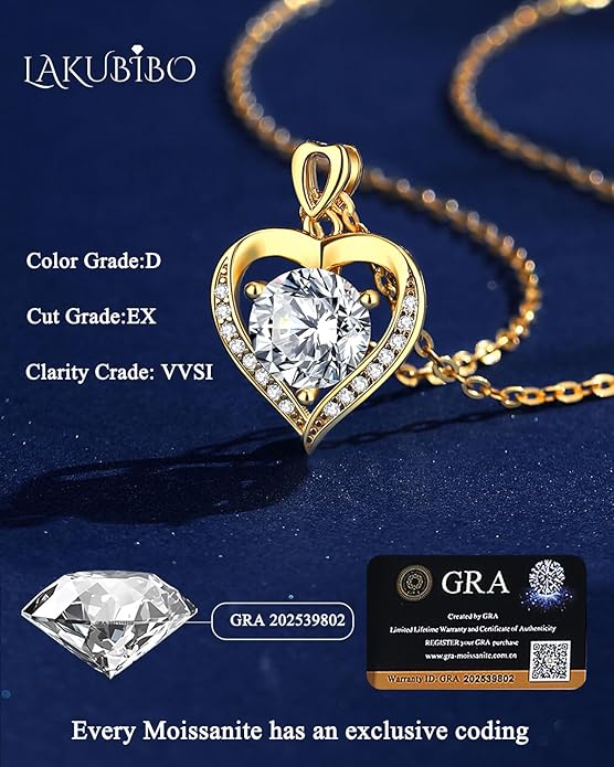Moissanite Heart Necklace for Women,1-2 Carat Moissanite Pendant Necklace Engraved with 'I LOVE YOU,Birthday Gifts for Women,Mom, Girlfriend, Jewelry Gifts for Christmas Valentine's Day