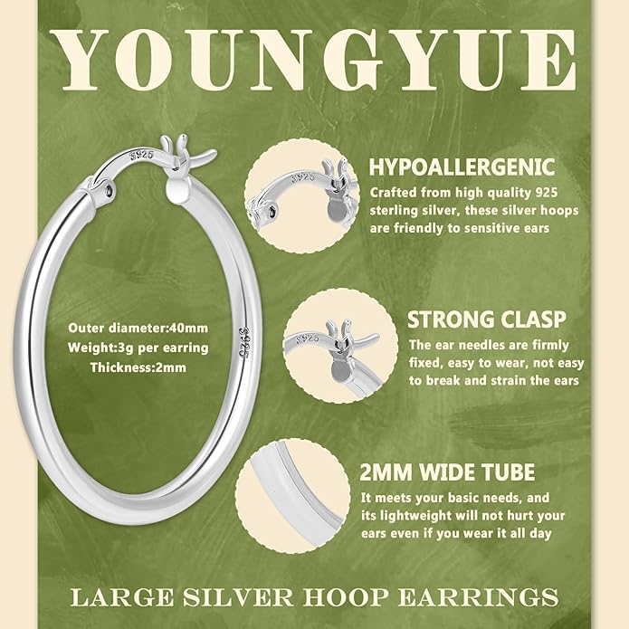 YOUNGYUE 925 Sterling Silver Hoop Earrings for Women Hypoallergenic Oversize 14K Gold Hoops Earrings for Women Thin Gold Plated Hoop earrings Lightweight Large Silver Hoop Earrings 30/40/50/60/70mm