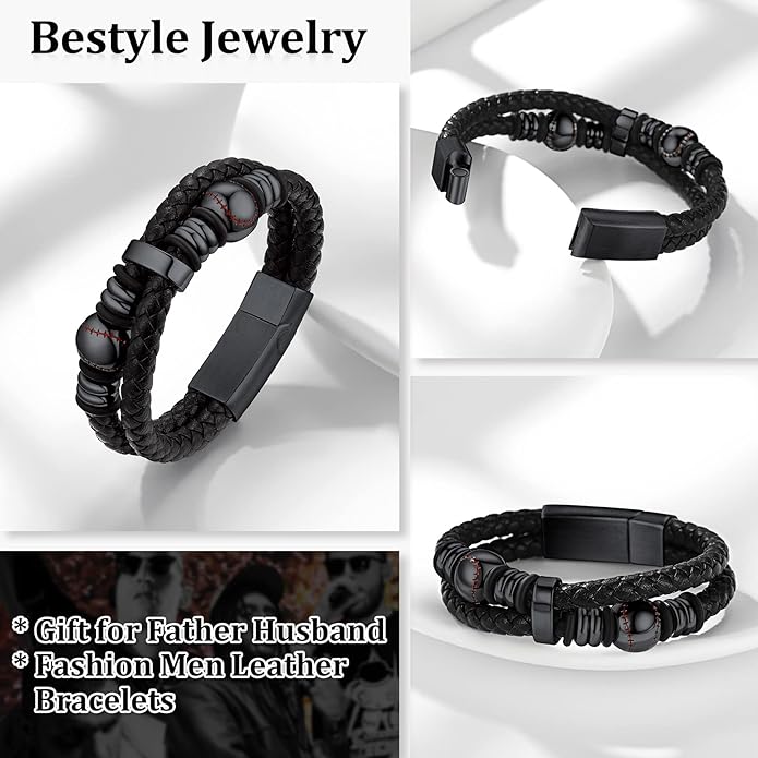 Bestyle Genuine Men Leather Bracelets Fashion Stainless Steel Celtic/Sport Ball Bead Cuff Wirstband Bracelets for Men, Size 7.5/8.3/9.1Inch