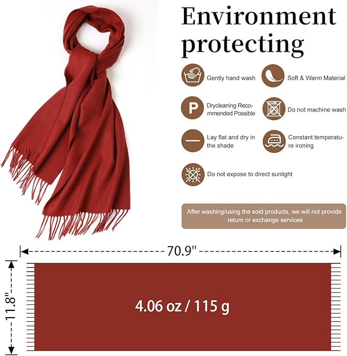 WASALUYA Wool Scarf for Women & Men, 100% Wool Scarves Wrap Shawl with Tassels, Elegant Soft Winter Scarf for Fall and Winter