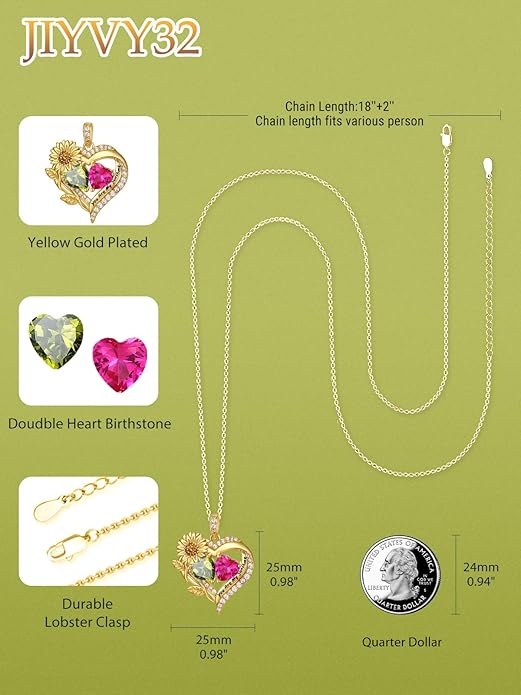 Sunflower Heart Necklace for Women 14K Gold Exquisite Anniversary Birthday Gifts for Wife Mother Her Double Birthstone Pendant jewelry‘You Are My Sunshine’