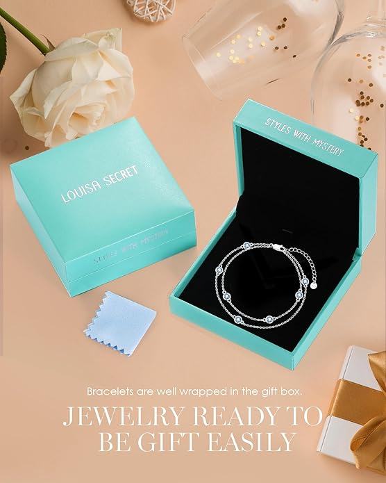 LOUISA SECRET Birthstone Bracelets for Women, 925 Sterling Silver Charm Link Double Strand Bracelet, Birthday Anniversary Christmas Jewelry Gifts for Wife Girlfriend Mother her…