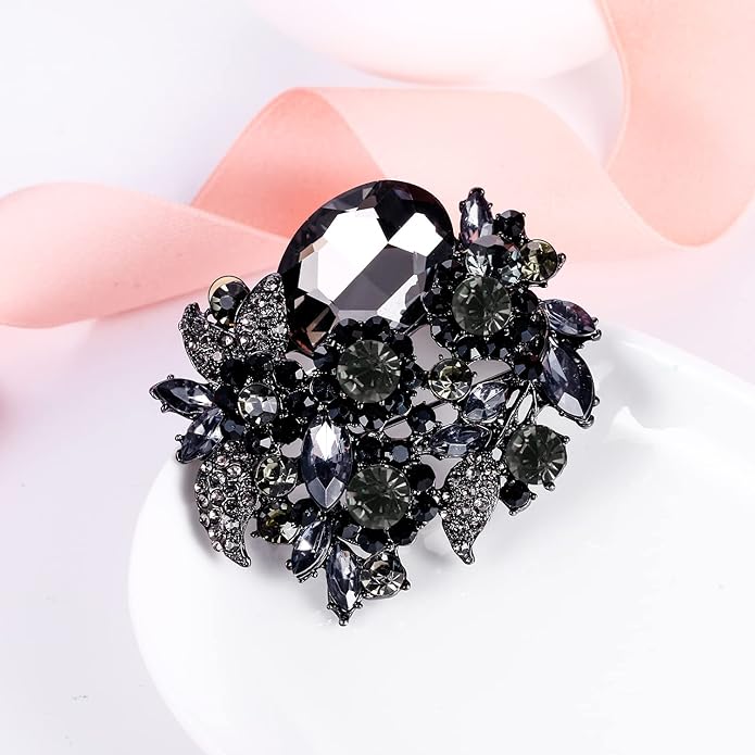 EVER FAITH Rhinestone Crystal Party Flower Leaf Vine Brooch