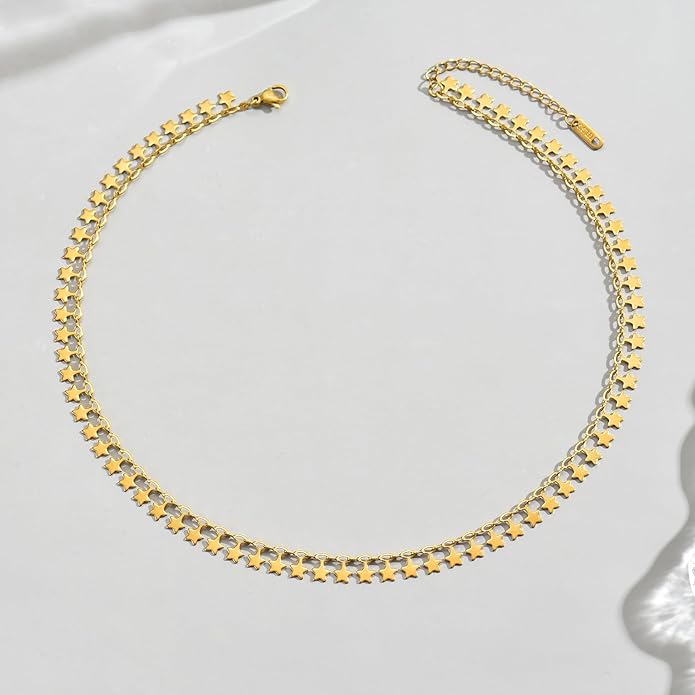 Gold Chain Necklace for Women 18K Gold Plated Stainless Steel Necklace Dainty Star Cross Heart Choker Chains Simple Delicate Minimalist Trendy Jewelry