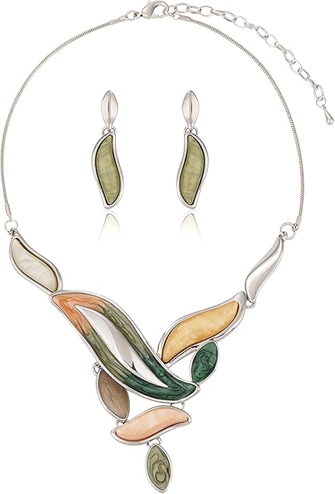 Vintage Chunky Statement Jewelry Set Retro Leaf Floral Geometric Bohemian Boho Bib Necklace Earring Set Fashion Costume Jewelry for Women Girls Wedding Party Prom Unique Gift