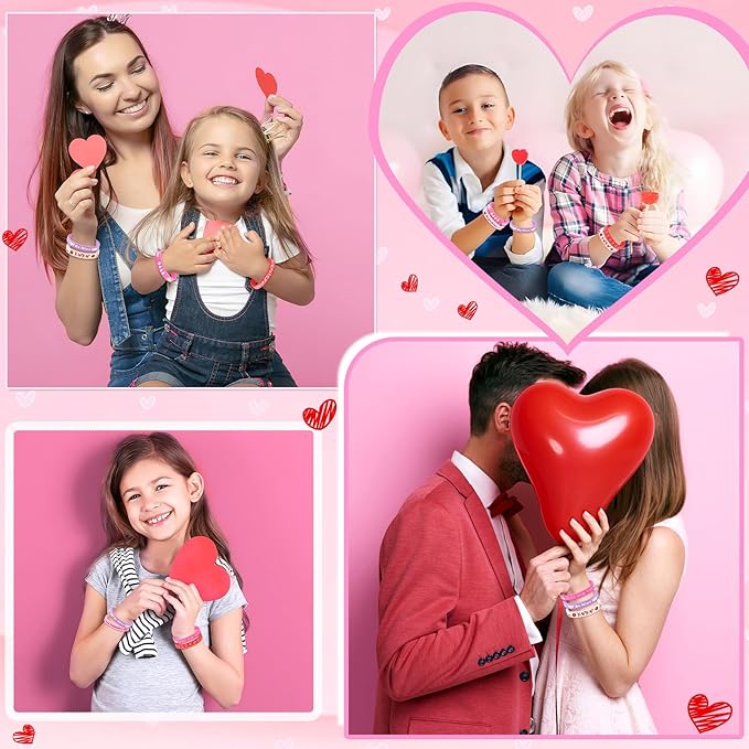 JUNEBRUSHS 64Pcs Valentine's Day Party Favors Silicone Bracelets Pink Red Love Heart Rubber Wristbands Accessories for Adults Valentine's Day Wedding Party Decorations Gift (8 Designs)