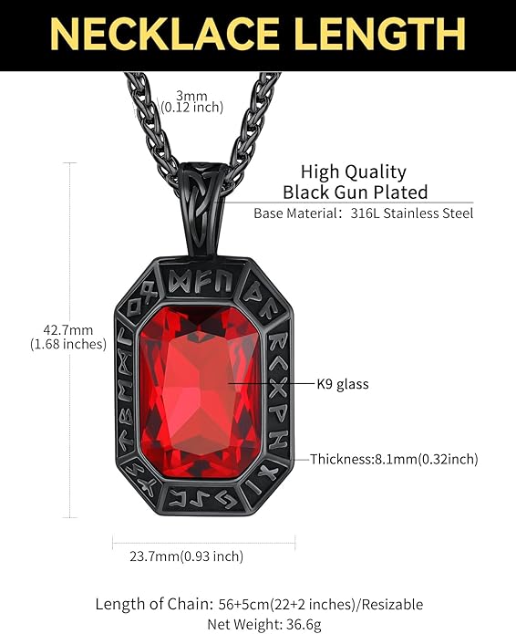 ChainsHouse Viking Rune Pendant Necklace for Men Women, Punk Biker Black Metal/316L Stainless Steel Onyx Norse Vintage Amulet Necklaces with Black/Red/Green/Blue Gemstone, Send Gift Box