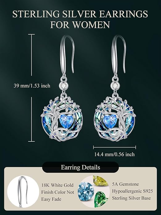 TOUPOP Tree of Life Birthstone Earrings for Women 925 Sterling Silver Family Tree Dangle Earrings Austrian Crystal Jewelry Birthday Christmas Gifts for Her Girlfriend Wife Mom