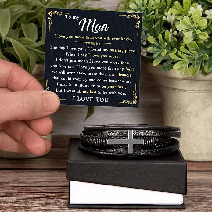 Mapileng To My Man – Braided Leather & Stainless Steel Bracelet with Heartfelt ‘Love You Forever’ - Elegant Gift Box Included, Gift from Girlfriend or Wife for Husband, Boyfriend, or Brother