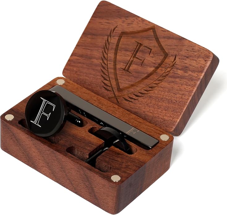 Mens Initial Cufflinks and Tie Clip A-Z Alphabet Letter Black Stainless Cuff Links Tie Bar with Engraved Walnut Wood Box Groom Groomsman Wedding Set