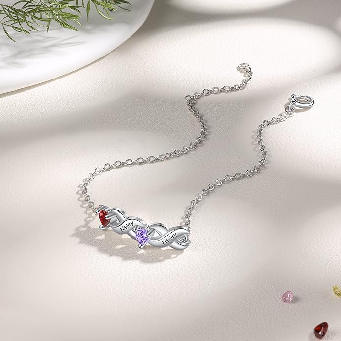 Personalized Custom Name Heart Bracelet with 1-6 Birthstone Bracelets for Women Engraved Family Names Link Bracelets for Mother's Day Mom Daughter