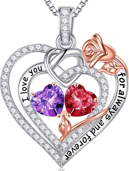 Iefil Rose Heart Necklace Gifts for Wife Women - 925 Sterling Silver Double Birthstone Necklace, Anniversary Birthday Gifts for Women, Jewelry Gift for Wife Girlfriend Mom Her