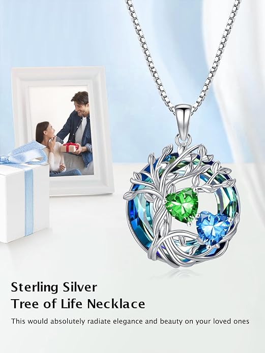 TOUPOP s925 Sterling Silver Family Celtic Tree of Life Pendant Necklaces with 2 Heart Birthstone with Blue Austrian Crystal Jewelry Birthday Anniversary Christmas Gifts for Her Wife Girlfriend Mom (18K Real White Gold Filled)