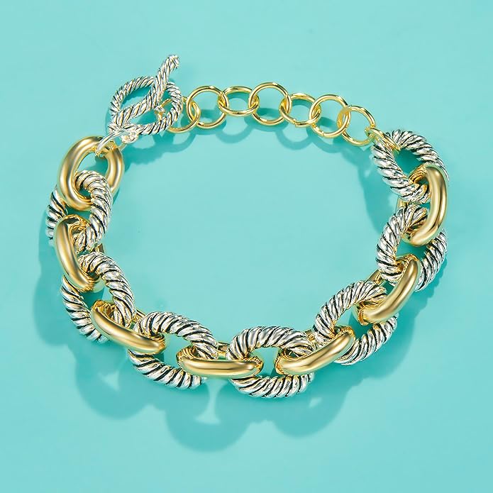 UNY JEWEL Twisted Cable Wire Link Chain Bracelet Two Tone Designer Brand Inspired Women Jewelry Valentine (2 Tone)