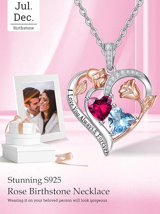Zeuslia Double Birthstone Necklace Gifts for Wife - 925 Sterling Silver Sunflower/Rose/Crown Cross/Compass/Heart Pendant I Love You Necklace, Anniversary Birthday Gifts for Wife Girlfriend Mom Her