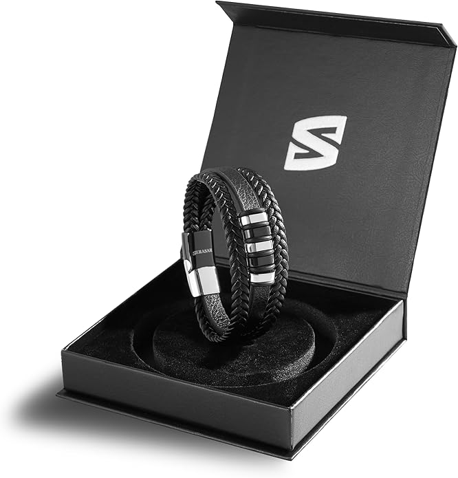 SERASAR | Premium Genuine Leather Bracelet [Glory] for Men in Black | Magnetic Stainless Steel Clasp in Silver and Gold | Exclusive Jewelry Box | Great Gift Idea