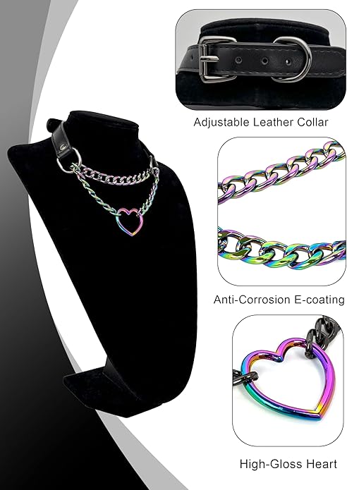 Black Leather Choker Collar For Women, Handmade Heart Slip Chain Choker Long Necklace with Adjustable Buckle