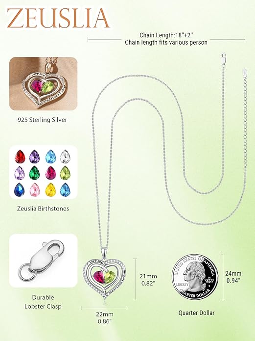 Zeuslia Double Birthstone Necklace Gifts for Wife - 925 Sterling Silver Sunflower/Rose/Crown Cross/Compass/Heart Pendant I Love You Necklace, Anniversary Birthday Gifts for Wife Girlfriend Mom Her