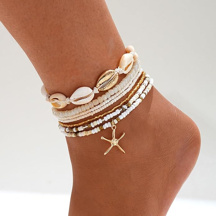 Shell Ankle Bracelet Set for Women, Gold Plated Boho Bead Adjustable Anklet, Hawaiian Beach Seashell Pearl Heart Starfish Conch Foot Jewelry Gifts