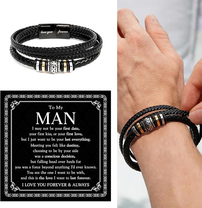 Mapileng To My Man – Braided Leather & Stainless Steel Bracelet with Heartfelt ‘Love You Forever’ - Elegant Gift Box Included, Gift from Girlfriend or Wife for Husband, Boyfriend, or Brother