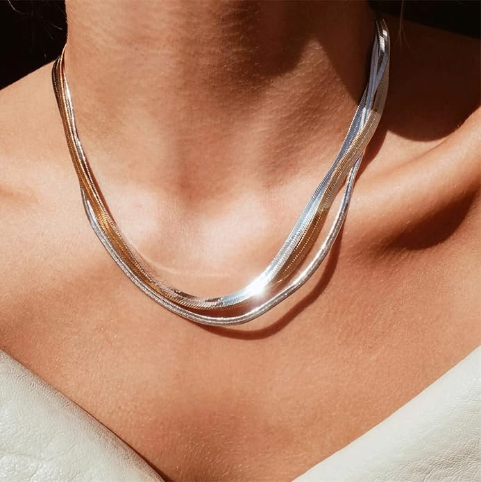 DEARMAY 14K Gold Plated Necklaces for Women, Dainty Gold Herringbone Choker Necklace Thin Layered Snake Chain Jewelry for Gifts