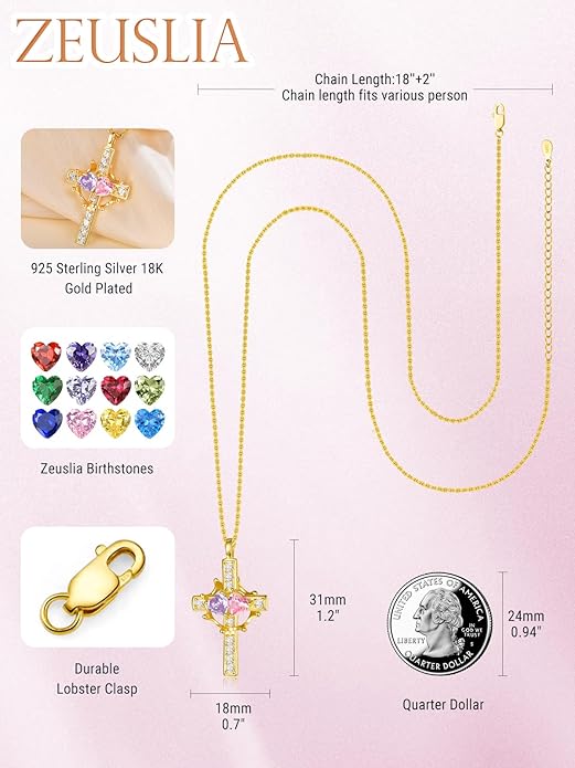Zeuslia Double Birthstone Necklace Gifts for Wife - 925 Sterling Silver Sunflower/Rose/Crown Cross/Compass/Heart Pendant I Love You Necklace, Anniversary Birthday Gifts for Wife Girlfriend Mom Her