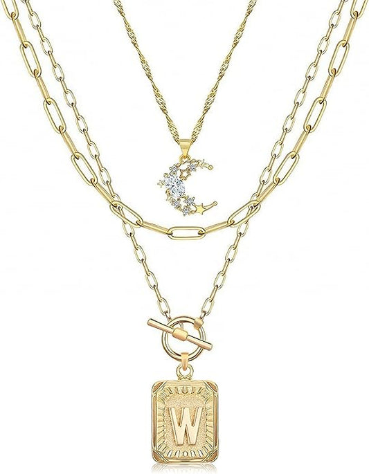 MJartoria Layered Initial Necklaces for Women Trendy, 14K Gold Plated Brass Simple Moon Choker Square Letter Pendant Necklace, Paperclip Chain Necklaces Jewelry Gifts