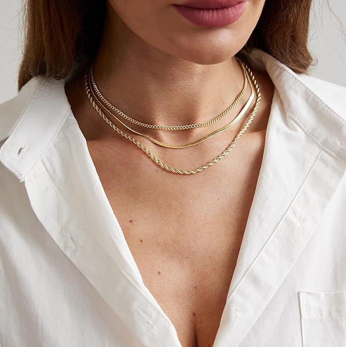 14K Gold Plated Layering Necklaces For Women Gold Necklace Set, Cuban Link, Snake Chain, Paperclip Layered Chains, Twisted Rope and Twisted Chain, Trendy Layering Necklace