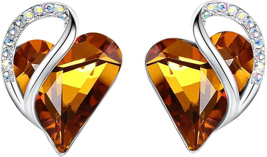 Earrings for Women, Mothers Day Gift for Mom, Heart Birthstone Crystal Stud Earring, Silver Plated Birthday Jewelry