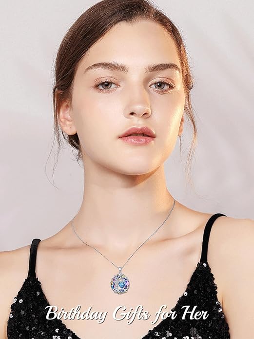 TOUPOP Christmas Gifts Tree of Life Birthstone Necklace 925 Sterling Silver Pendant Austrian Crystal Jewelry Anniversary Birthday Gifts for Women Mom Her Wife