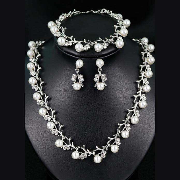 Rrdaily Rhinestone Pearl Wedding Jewelry Set for Bride Bridesmaid Bohemia Adjustable Beaded Crystal Bracelet Necklace Exaggerated Pearl Earring Set for Women