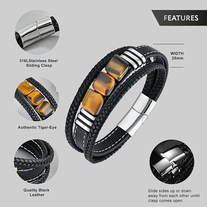 STARCHENIE Multi Strand Bracelet for Men Square Authentic Tiger Eye Black Braided Leather Mens Bracelet and Stainless Steel Buckle